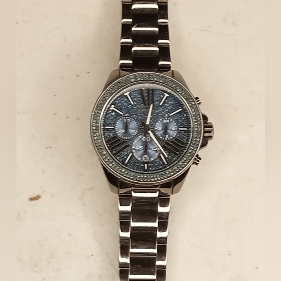 Michael Kors Wren watch chronograph blue crystal pace dial gunmetal ion plated. main image 6